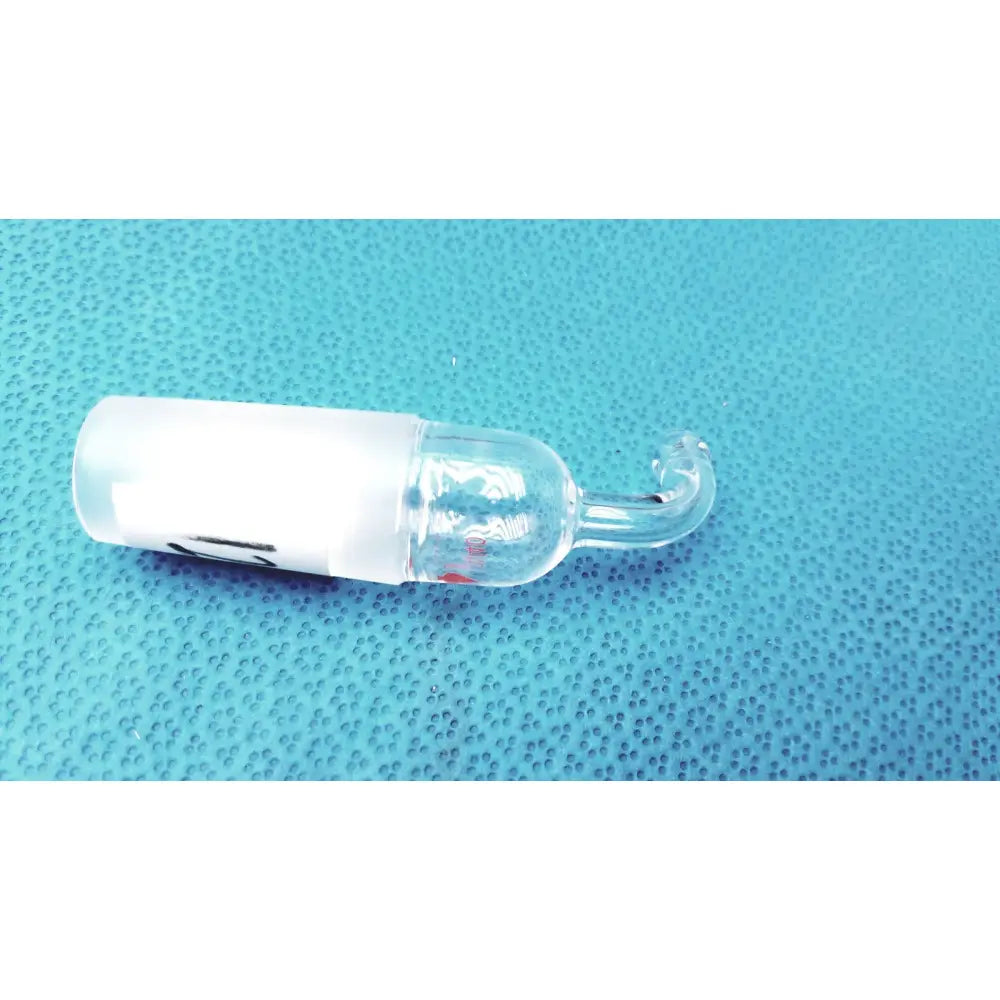 Clear glass adapter with curved end and frosted white section for 24/40 cone to rubber tubing reuse medical connection
