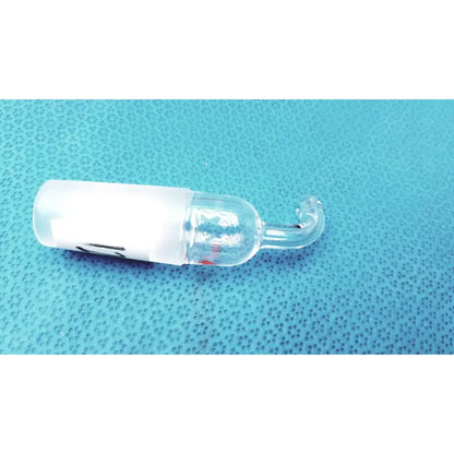 Clear glass adapter with curved end and frosted white section for 24/40 cone to rubber tubing reuse medical connection