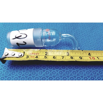 Clear glass laboratory bulb with curved neck and white label marked 20 in glass adapter for straight connection to rubber tubing