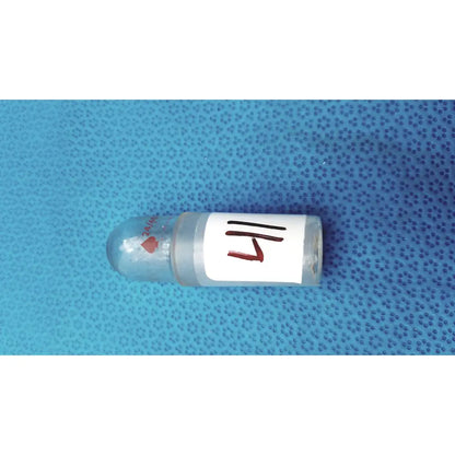 Clear glass vial with rounded cap and white label marked 14 featuring faint red hearts in a glass flask stopper set