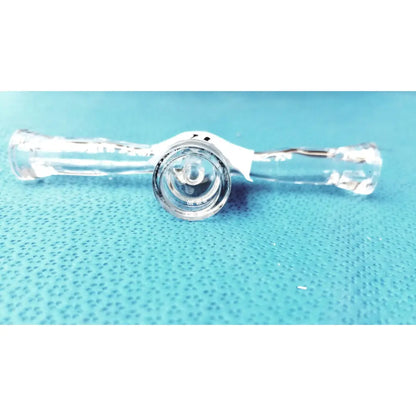 Clear glass lab stopcock adapter with central circular lens and transparent borosilicate control valve arms