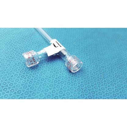 Clear plastic y-shaped medical tubing with labeled ports and white adhesive band for glass schlenk storage tube high vacuum ptfe valve