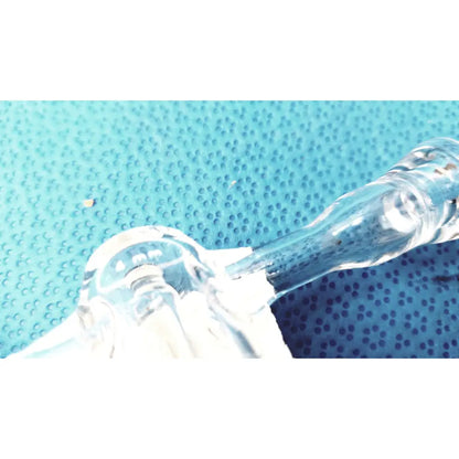Clear glass stopcock valve adapter with curved neck and textured surface made of borosilicate for lab control use