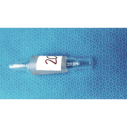 Clear glass thermometer adapter with frosted section and white label number 20 featuring standard taper joint borosilicate