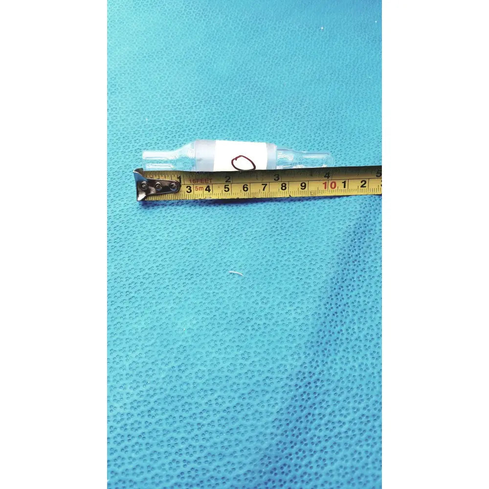 Clear glass thermometer adapter with white label and black mark on measuring tape featuring 24/29 standard taper joint
