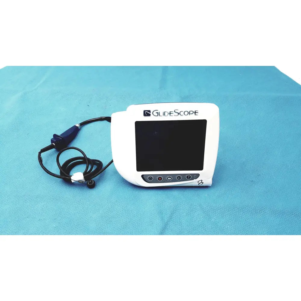 White glidescope video monitor an162878 with black screen, control buttons, and coiled cable connected to blue-handled device