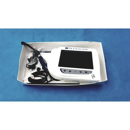 White glidescope video monitor an162878 with black screen, control buttons, blue-handled endoscope, and connecting cables