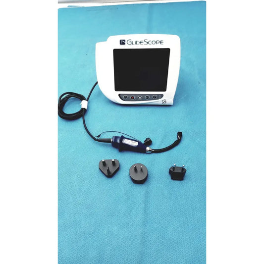White glidescope video monitor an162878 with black screen and buttons connected to blue endoscope handle by coiled cable
