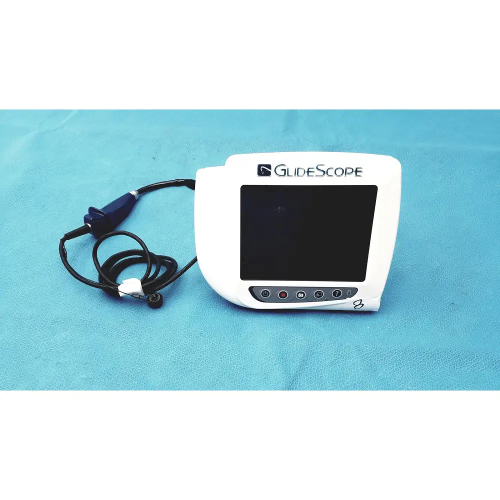 White glidescope video monitor an162878 with black screen and buttons connected to blue-handled endoscope cable