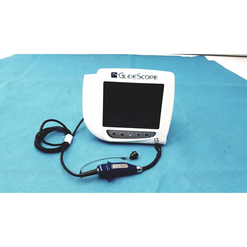White glidescope video monitor an162878 with a blue-handled endoscope and black cables for medical visualization