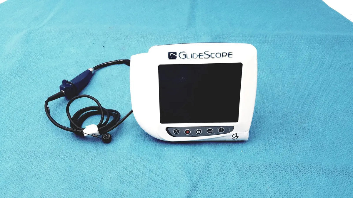 White glidescope video monitor an162878 with black screen, control buttons, and coiled cable connected to blue-handled device
