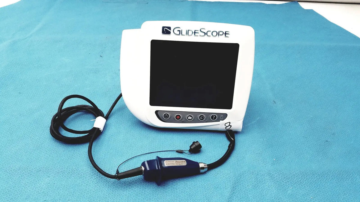 White glidescope video monitor an162878 with a blue-handled endoscope and black cables for medical visualization