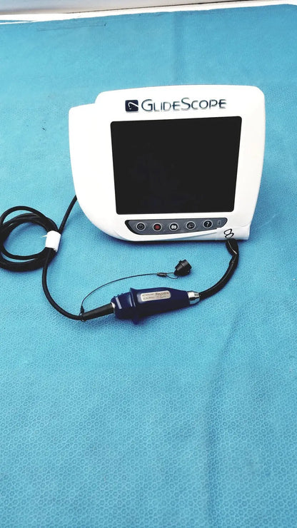 White glidescope video monitor an162878 with dark blue handheld device connected by black cables for airway management
