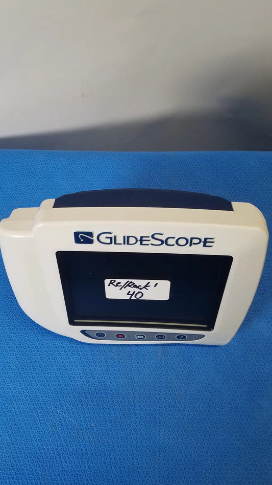 White and navy blue glidescope laryngoscope with black screen displaying re track 40 label on glidescope video monitor
