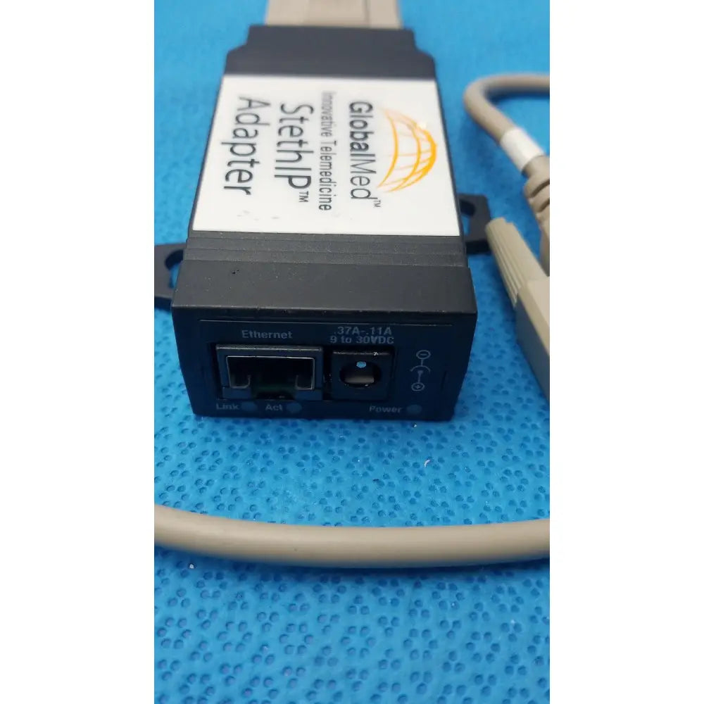 Black globalmed innovative telemedicine stethip adapter with white label orange logo ethernet and power input ports back side