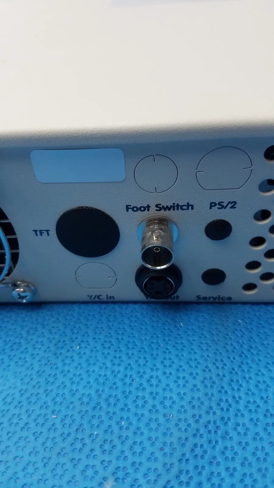 White electronic device rear panel with labeled ports foot switch ps2 tft for globalmed jedmed xe30-eco product