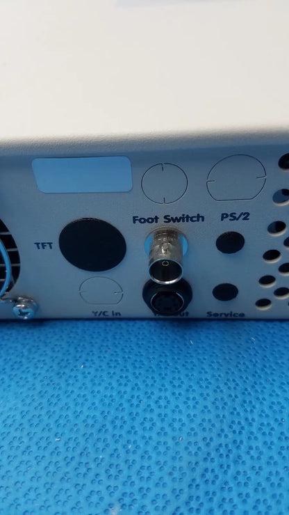 White electronic device rear panel with labeled ports foot switch ps2 tft for globalmed jedmed xe30-eco product
