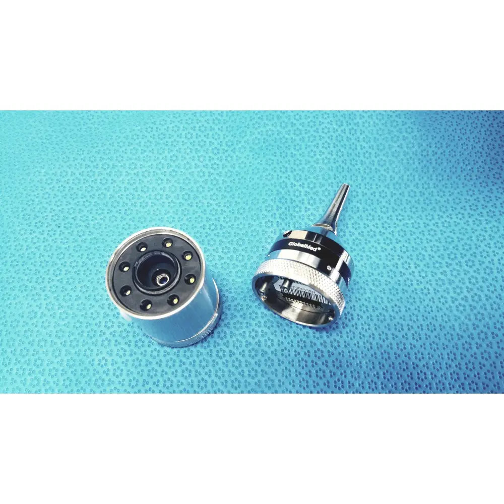 Silver and black globalmed telemedicine kit endoscope lens assembly with textured grip and multiple led lights