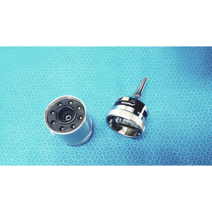 Silver and black globalmed telemedicine kit endoscope lens assembly with textured grip and multiple led lights