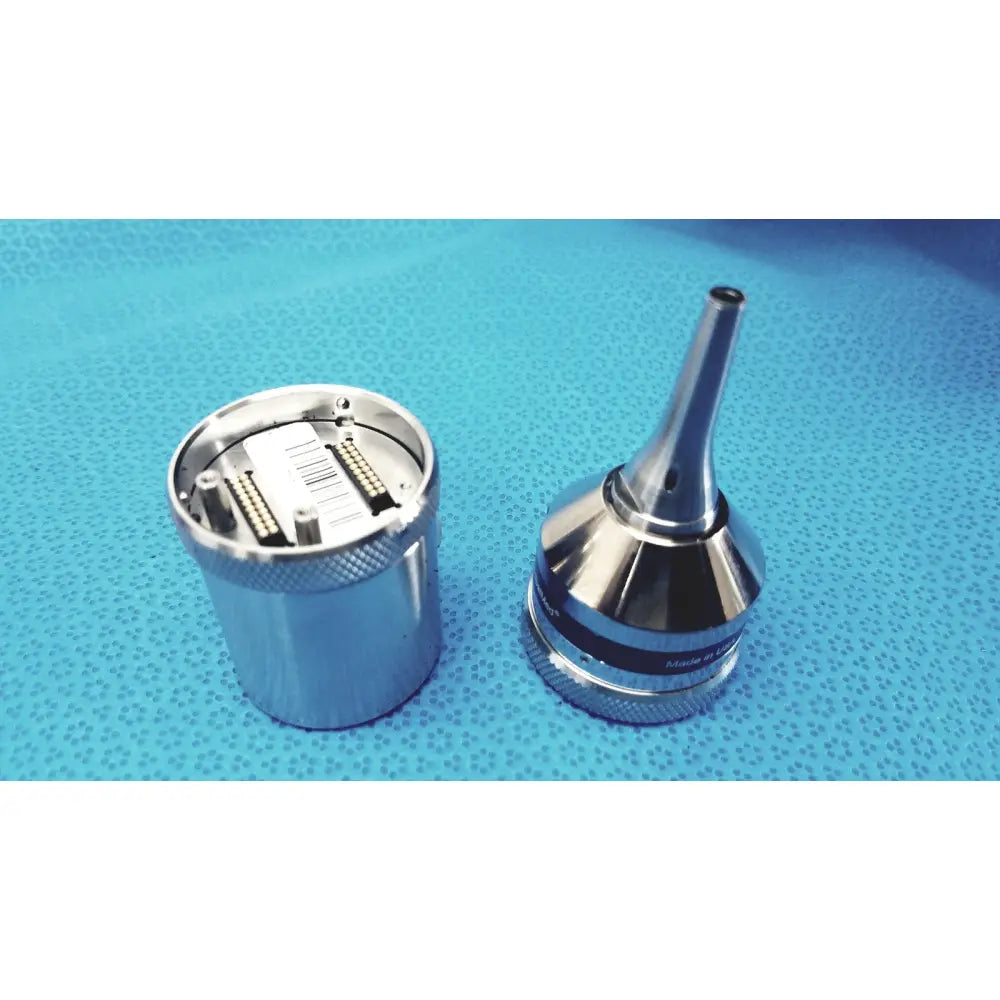 Shiny chrome telemedicine kit riester otoscope with cylindrical body tapered tip and internal connector assembly