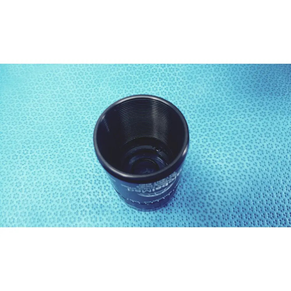 Black cylindrical oil filter with threaded interior and embossed branding for GlobalMed telemedicine kit Riester use