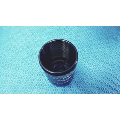 Black cylindrical oil filter with threaded interior and embossed branding for GlobalMed telemedicine kit Riester use