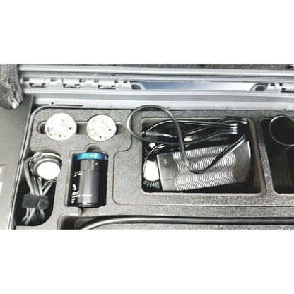 Black cylindrical battery with blue top and white labeling for globalmed telemedicine kit riester otoscope ophthalmoscope use