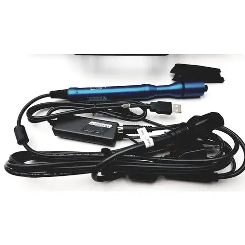 Blue cylindrical laser pointer with black usb cable and power adapter for globalmedia totalexam handheld medical examination