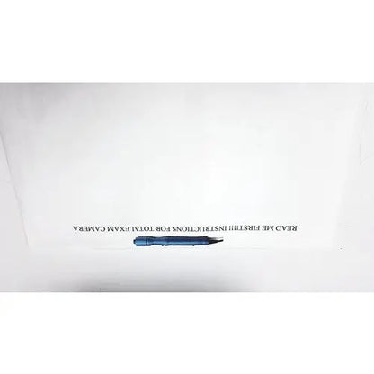 Blue pen with black tip and silver clip on white paper background for globalmedia totalexam handheld medical use