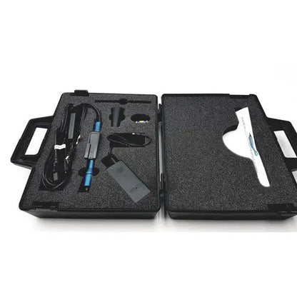 Black foam-lined case with globalmedia totalexam handheld blue and silver device for handheld medical examination