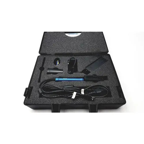 Blue-handled globalmedia totalexam handheld endoscope with black cables and accessories in foam-lined case for examination