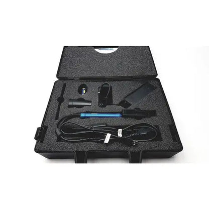 Blue-handled globalmedia totalexam handheld endoscope with black cables and accessories in foam-lined case for examination
