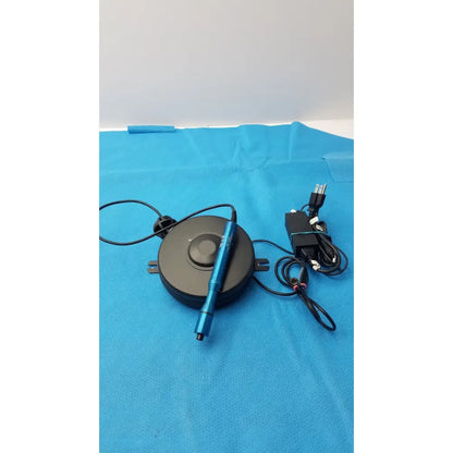 Blue cylindrical examination camera with black base and attached cables for globalmedia totalexam s-video use