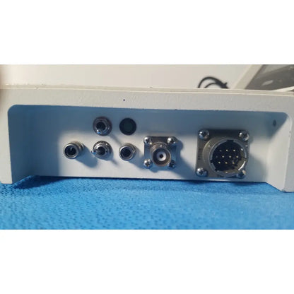White rectangular gms general microwave c f band 6.2 6.8 ghz receiver monitor rear panel with multiple metallic connectors