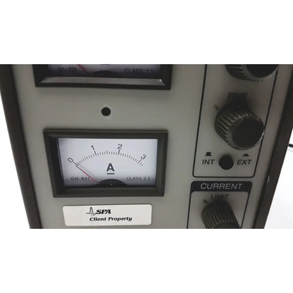 Silver metal panel of goldstar dc power supply gp 303 with two analog ammeters and rotary knobs for reuse medical use
