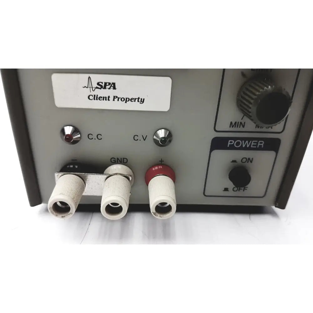 Gray metal goldstar dc power supply gp 303 with labeled input jacks and power switch for reuse medical testing