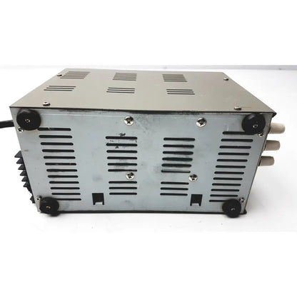 Silver metallic goldstar dc power supply gp 303 with black rubber feet and ventilation slits for reuse medical use