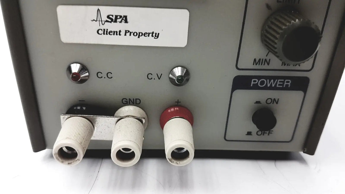 Gray metal goldstar dc power supply gp 303 with labeled input jacks and power switch for reuse medical testing