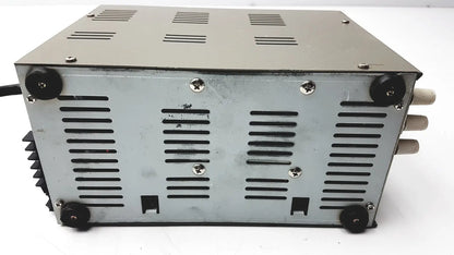 Silver metallic goldstar dc power supply gp 303 with black rubber feet and ventilation slits for reuse medical use