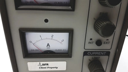 Silver metal panel of goldstar dc power supply gp 303 with two analog ammeters and rotary knobs for reuse medical use