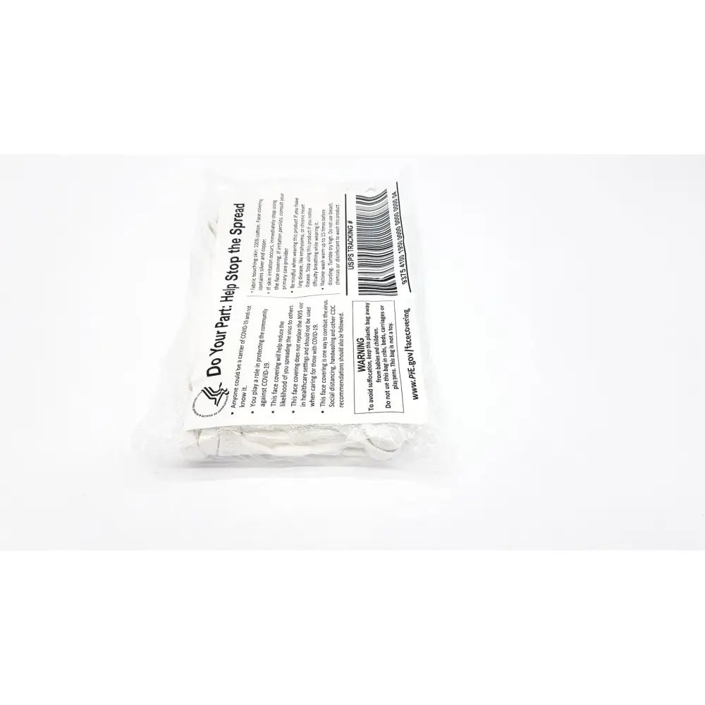 White plastic-wrapped gov face covering packaging showing back side with printed text and barcode for face covering coviid use