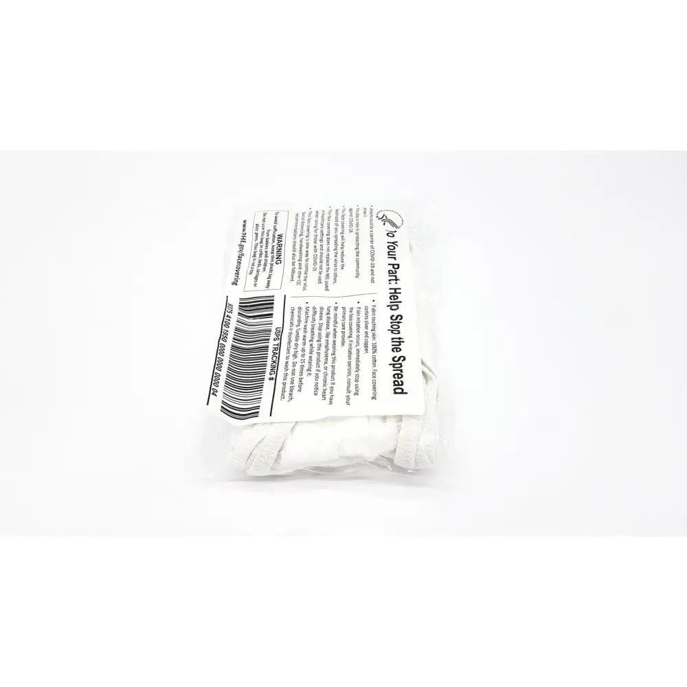 A clear plastic bag containing gov face covering covid 19 white soft cloth face masks for protective use