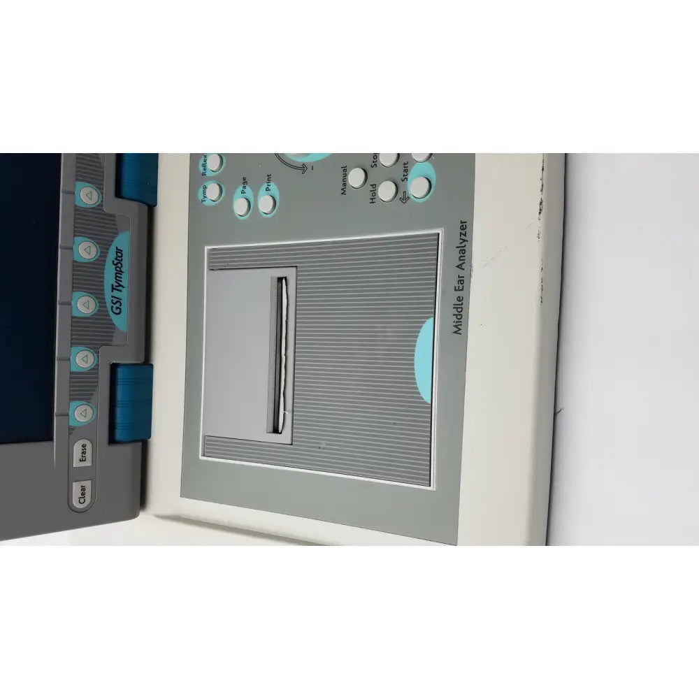 Gray and blue grason stadler gsi tympstar middle ear analyzer with digital display, control buttons, and earpiece slot