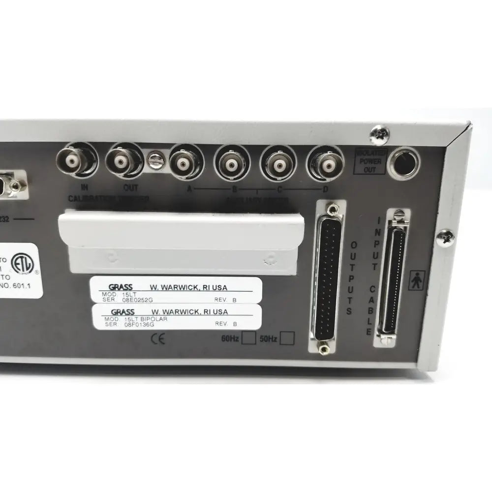 Gray metal back panel of grass 15lt physiodata amplifier system with bnc connectors and d-sub output ports