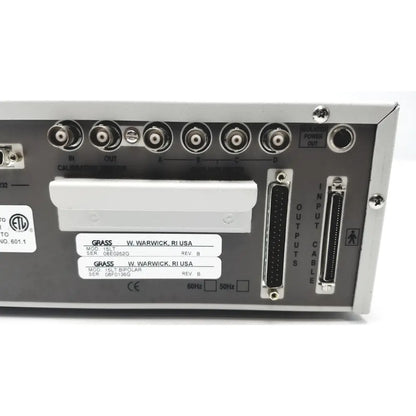 Gray metal back panel of grass 15lt physiodata amplifier system with bnc connectors and d-sub output ports