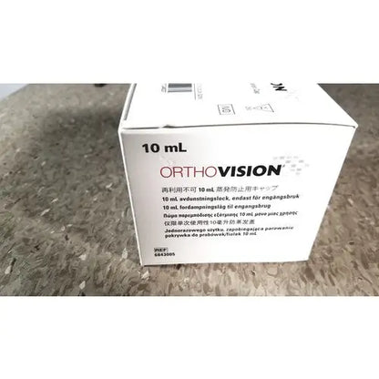 White cardboard box for orthovision 10 ml eye drops shown in context of grifols cards reuse medical dilution trays product line