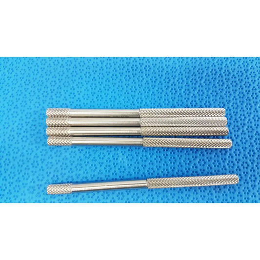 Set of five silver-colored metal screwdriver bits with knurled handles for gs 12.1605 beaver-style scalpel handle precision surgical use