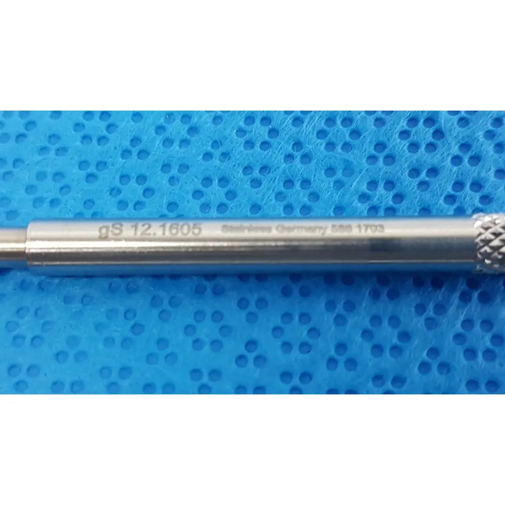 A sleek metallic stainless steel beaver-style scalpel handle with knurled grip and engraved markings for precision surgical use