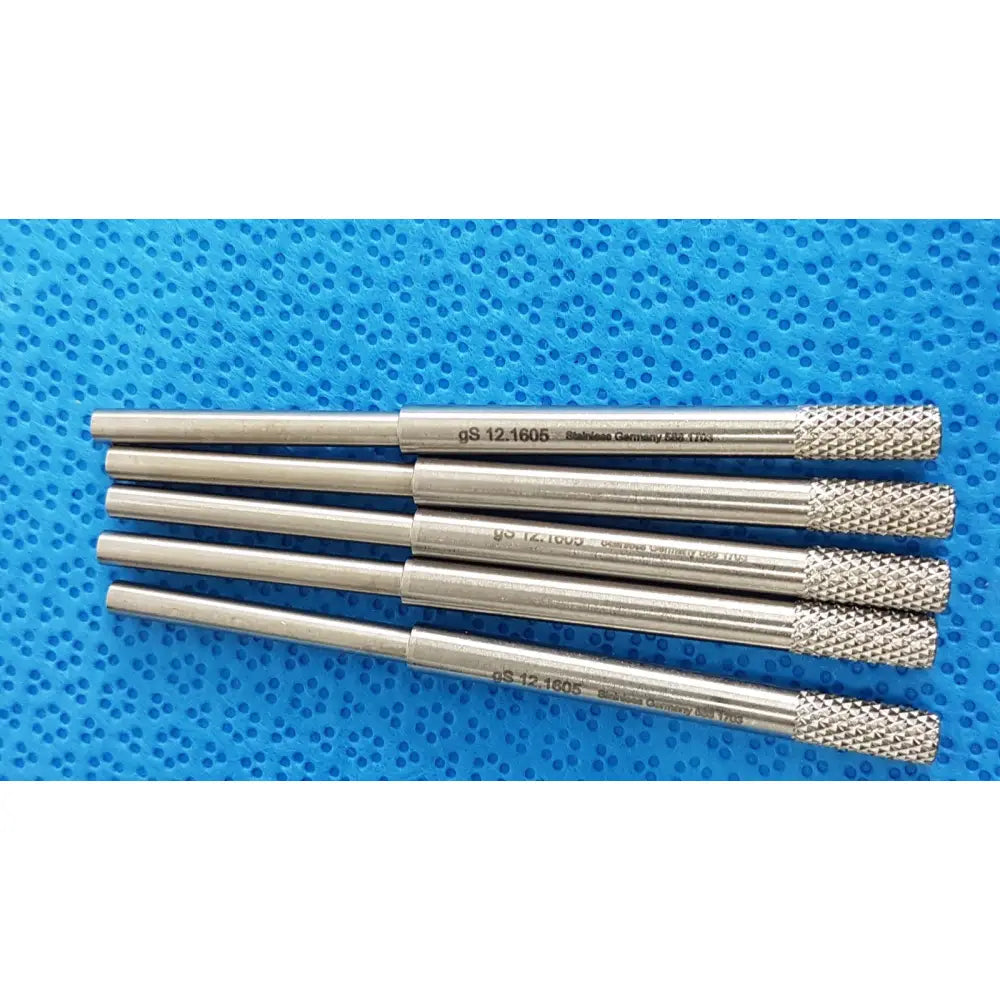 Five silver stainless steel beaver-style scalpel handles with knurled ends and engraved markings for precision surgical use