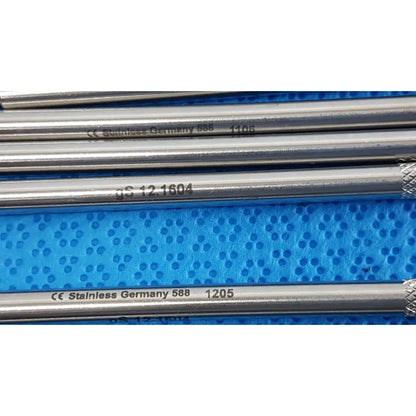 Silver german stainless steel surgical scalpel handle rods with engraved markings on blue textured surface lot of 6